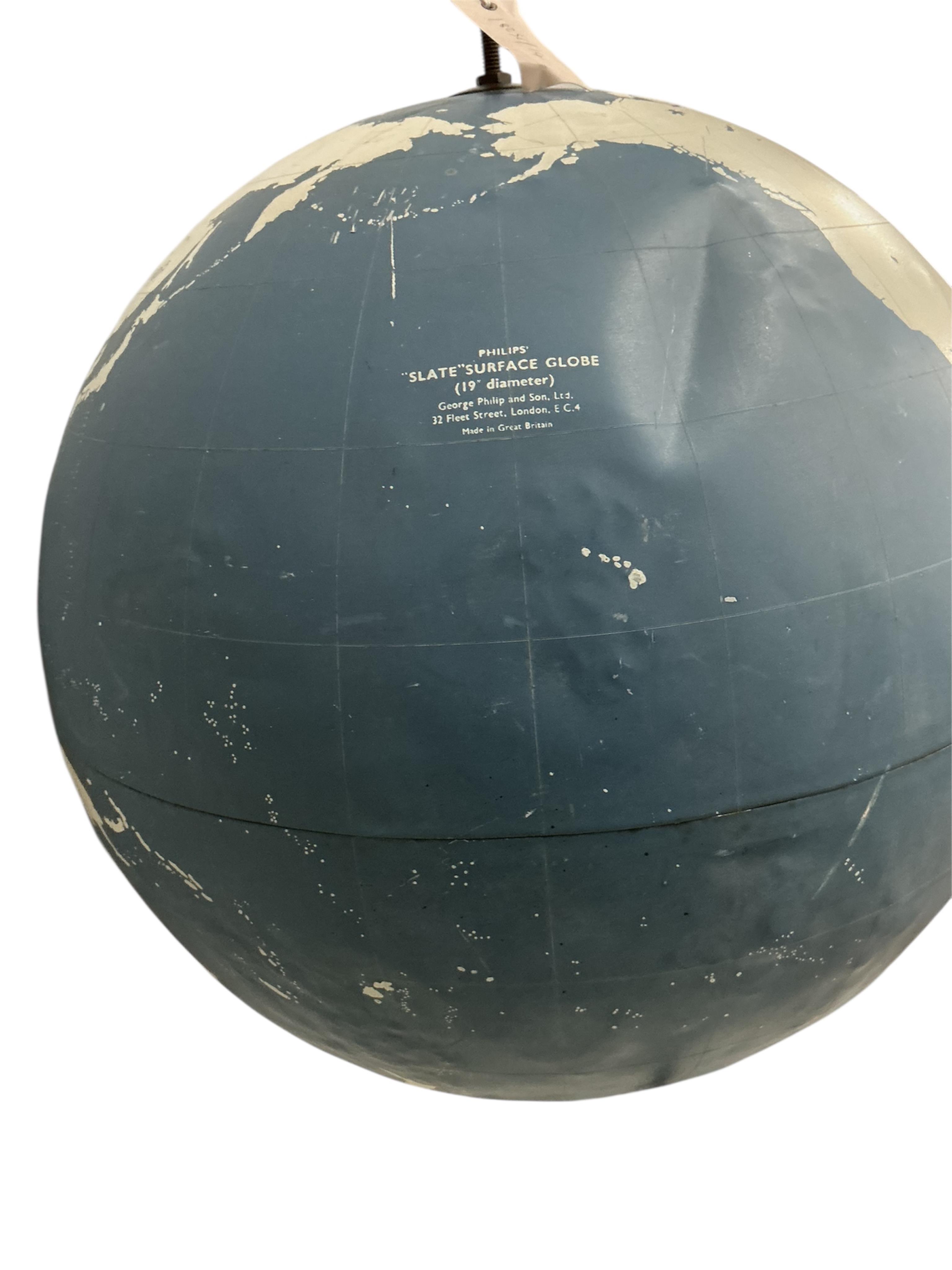 A Philips “Slate Surface” 19 inch educational globe on chain suspension
